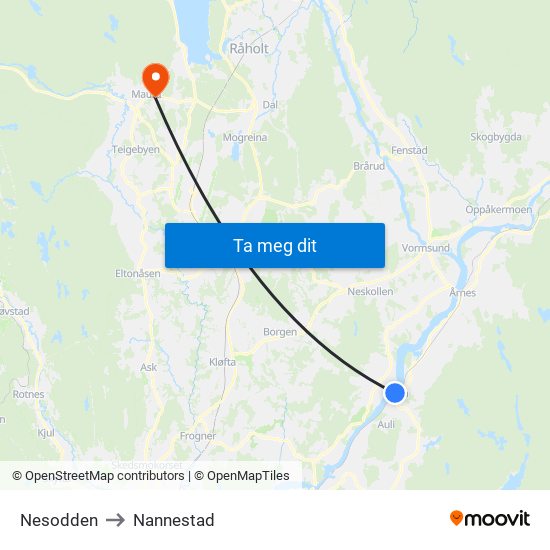 Nesodden to Nannestad map