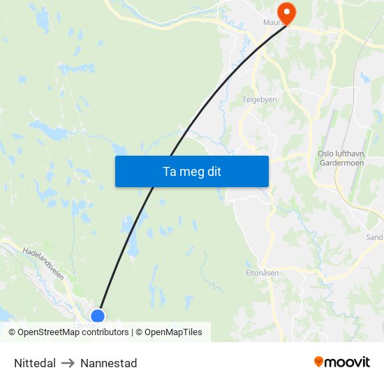 Nittedal to Nannestad map
