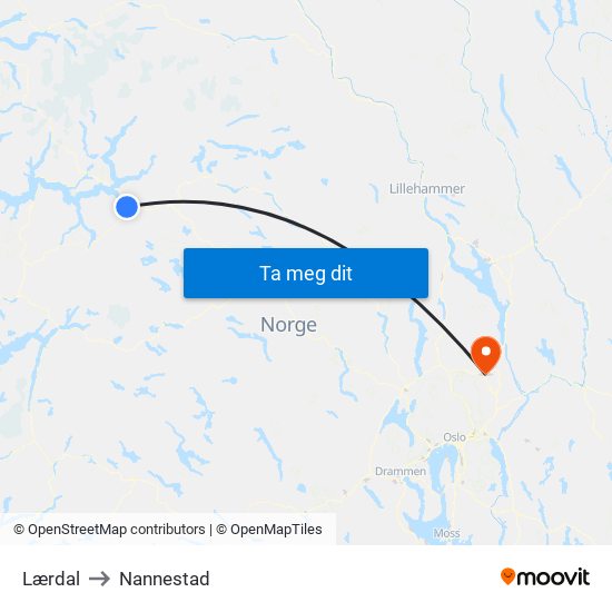 Lærdal to Nannestad map