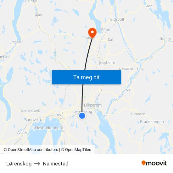 Lørenskog to Nannestad map