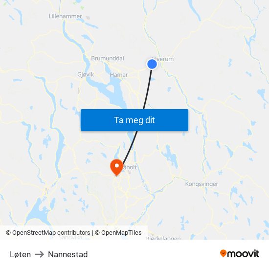 Løten to Nannestad map