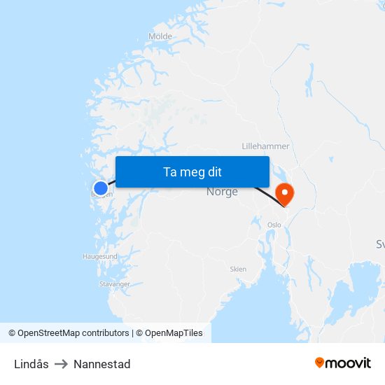 Lindås to Nannestad map