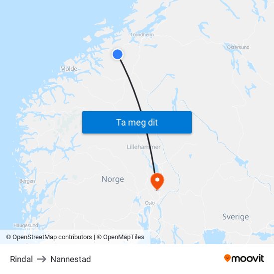 Rindal to Nannestad map