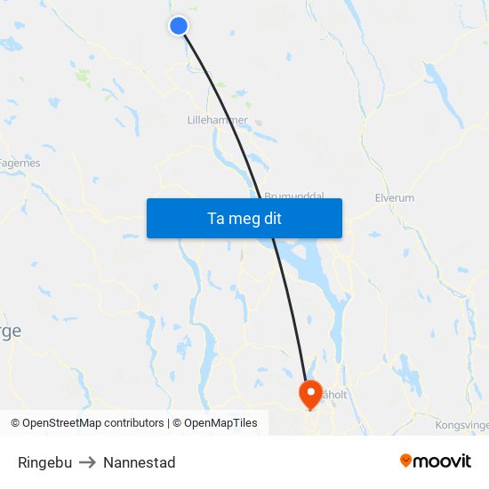 Ringebu to Nannestad map