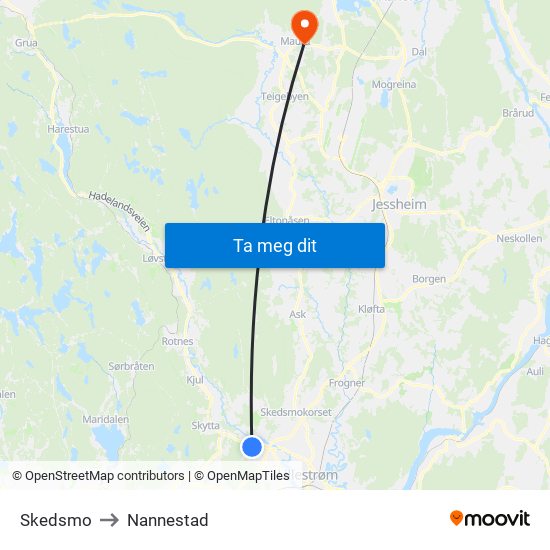 Skedsmo to Nannestad map
