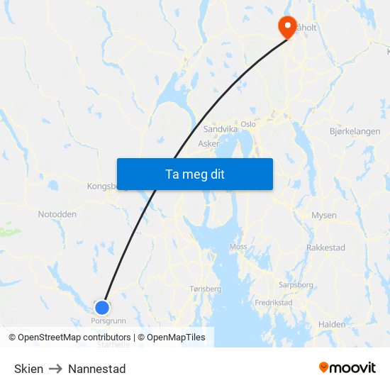 Skien to Nannestad map