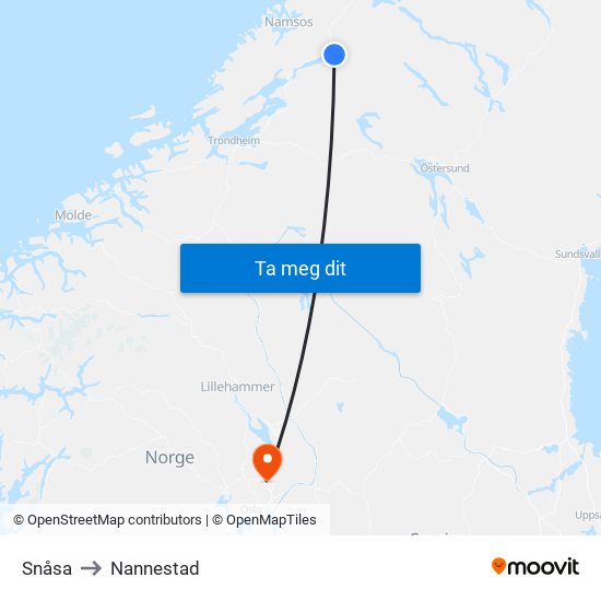 Snåsa to Nannestad map