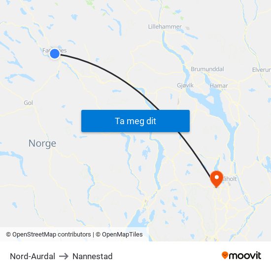 Nord-Aurdal to Nannestad map