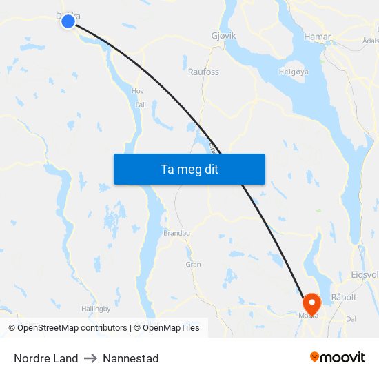 Nordre Land to Nannestad map