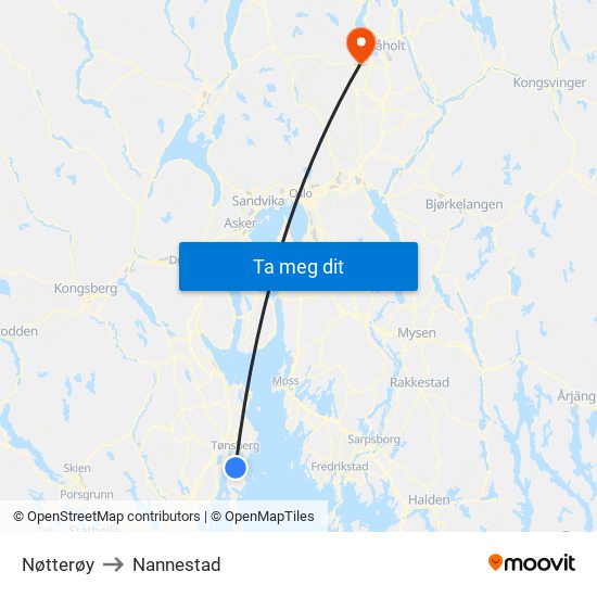 Nøtterøy to Nannestad map