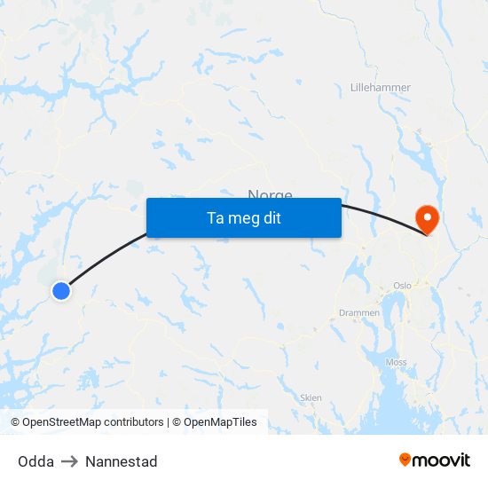 Odda to Nannestad map