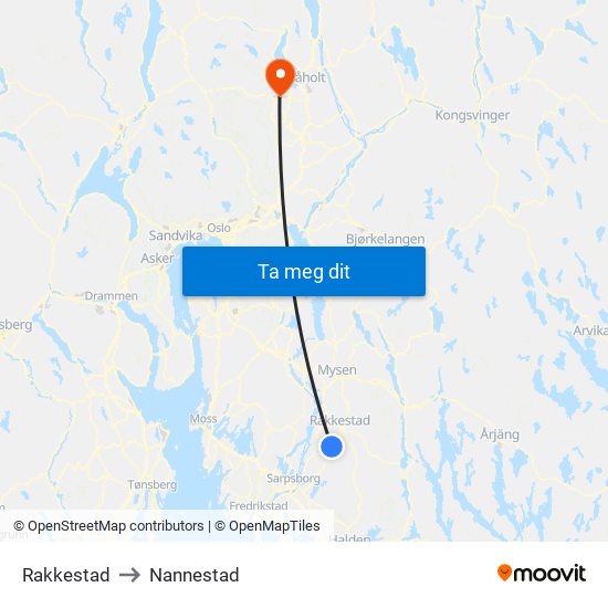Rakkestad to Nannestad map