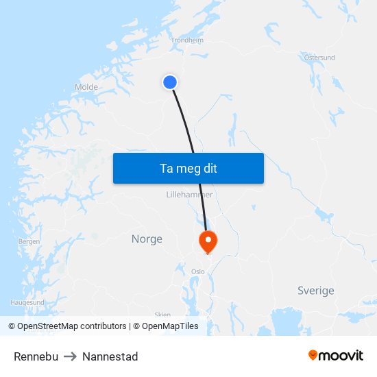 Rennebu to Nannestad map