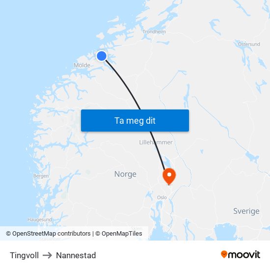 Tingvoll to Nannestad map
