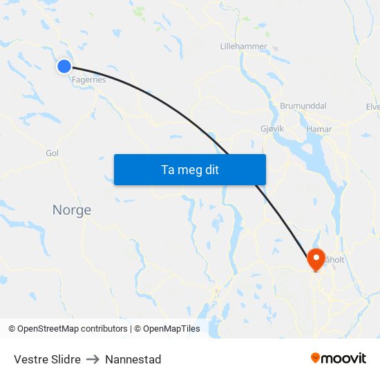 Vestre Slidre to Nannestad map