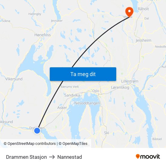 Drammen Stasjon to Nannestad map