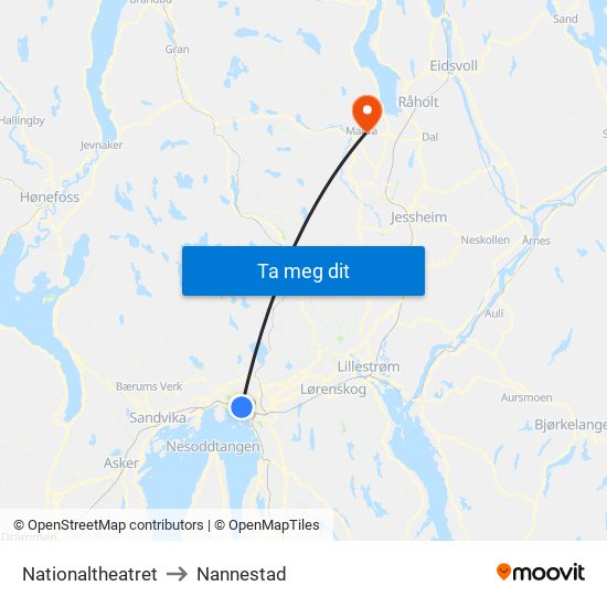 Nationaltheatret to Nannestad map