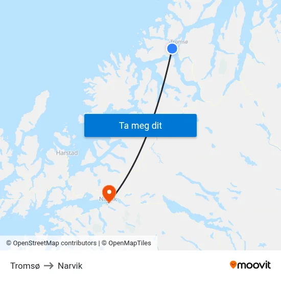 Tromsø to Narvik map