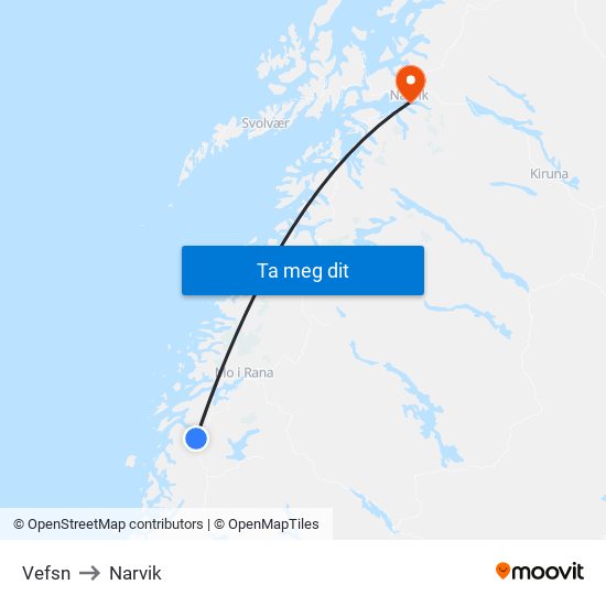 Vefsn to Narvik map