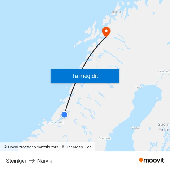 Steinkjer to Narvik map