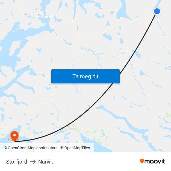 Storfjord to Narvik map