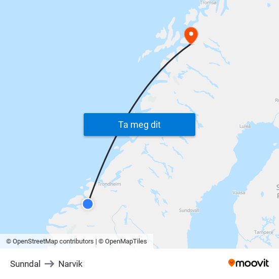 Sunndal to Narvik map