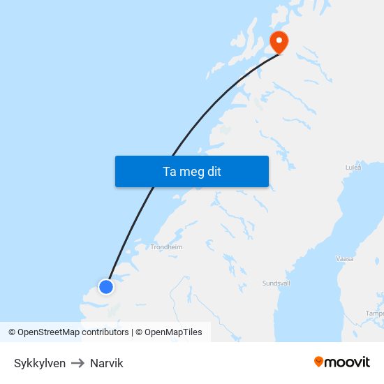 Sykkylven to Narvik map
