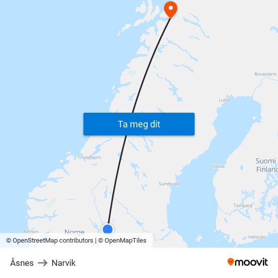 Åsnes to Narvik map
