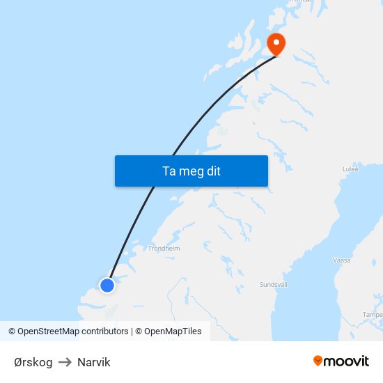 Ørskog to Narvik map