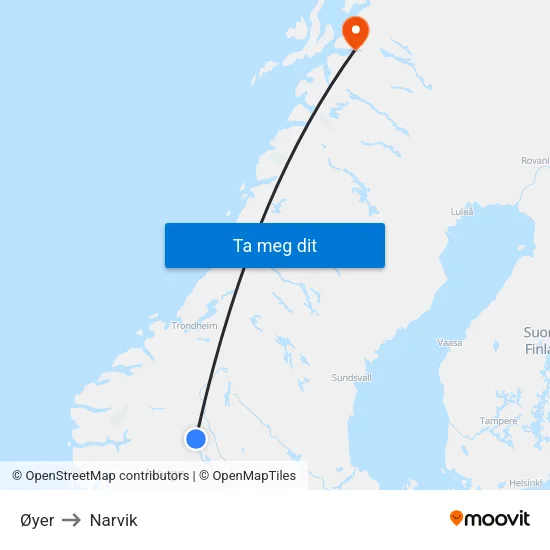 Øyer to Narvik map