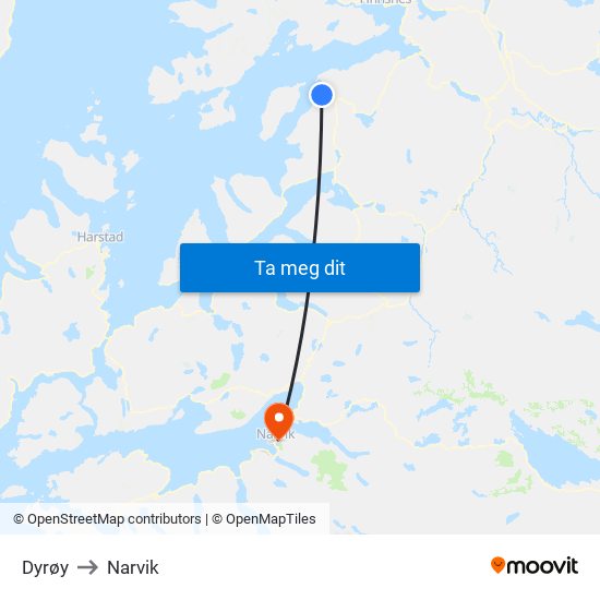 Dyrøy to Narvik map