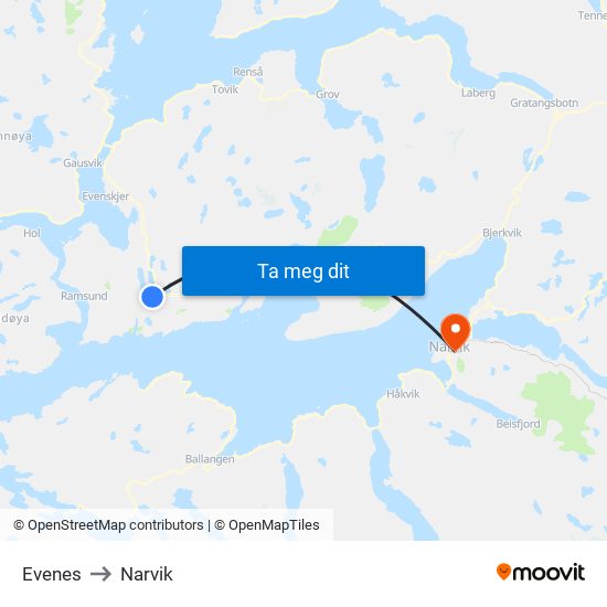 Evenes to Narvik map