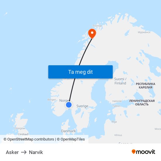 Asker to Narvik map