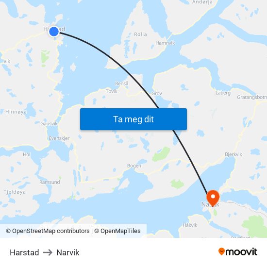 Harstad to Narvik map