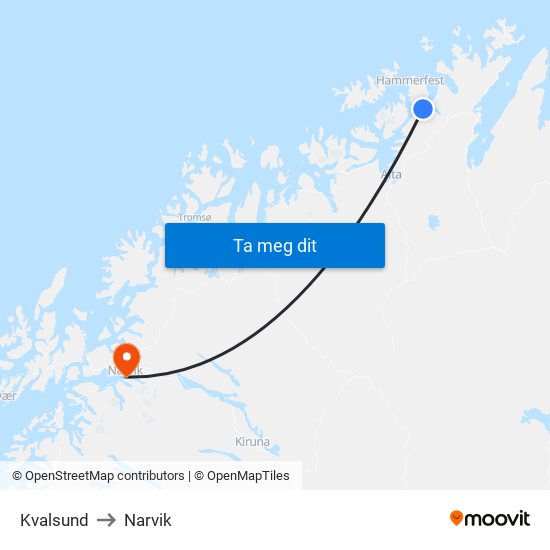 Kvalsund to Narvik map