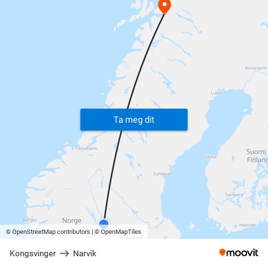 Kongsvinger to Narvik map