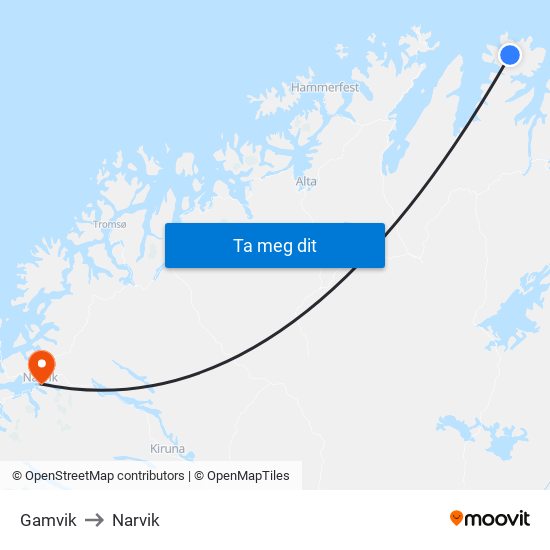 Gamvik to Narvik map