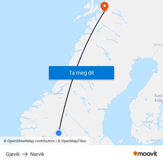 Gjøvik to Narvik map