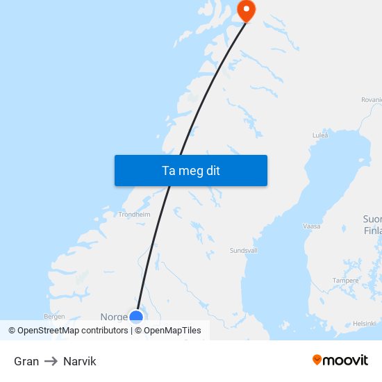 Gran to Narvik map