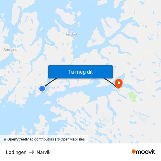 Lødingen to Narvik map