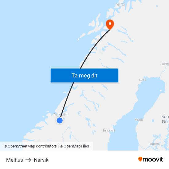 Melhus to Narvik map