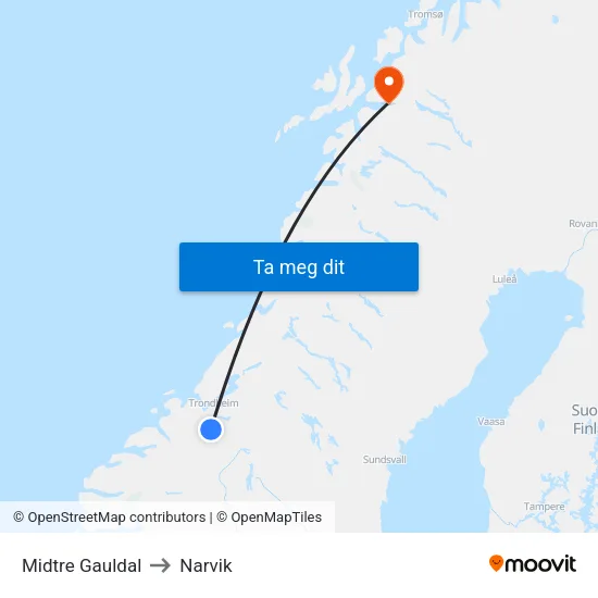 Midtre Gauldal to Narvik map