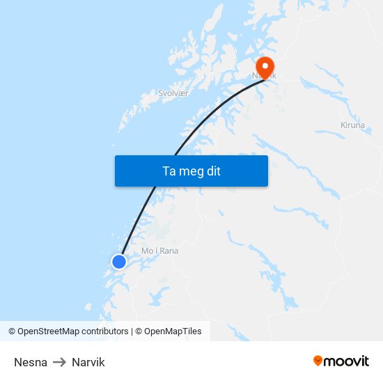 Nesna to Narvik map