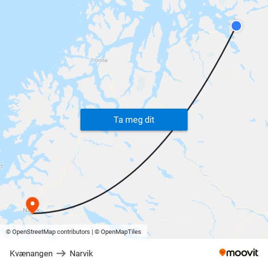 Kvænangen to Narvik map