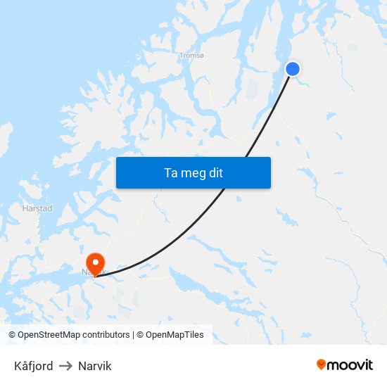 Kåfjord to Narvik map