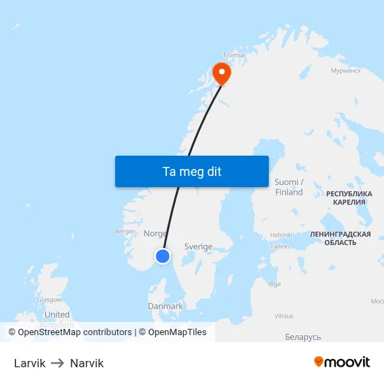 Larvik to Narvik map