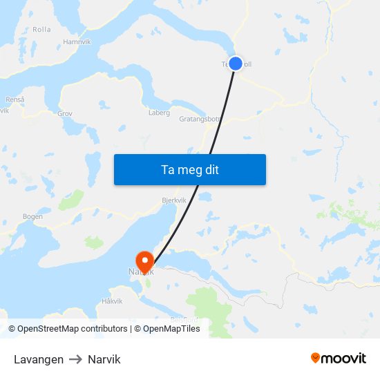 Lavangen to Narvik map
