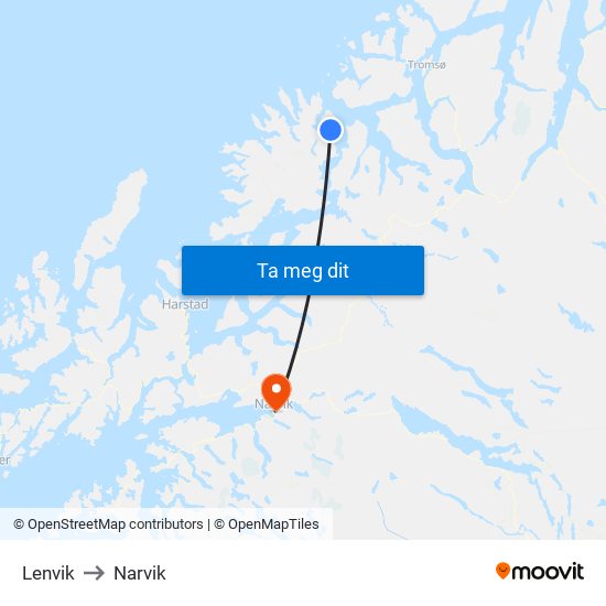 Lenvik to Narvik map