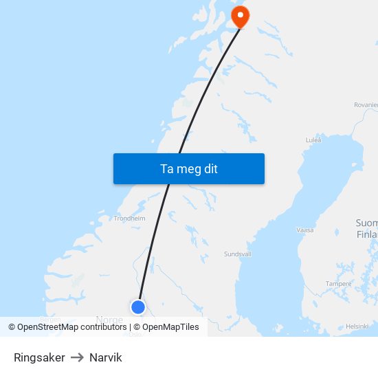 Ringsaker to Narvik map
