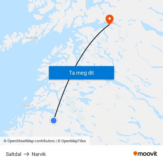 Saltdal to Narvik map
